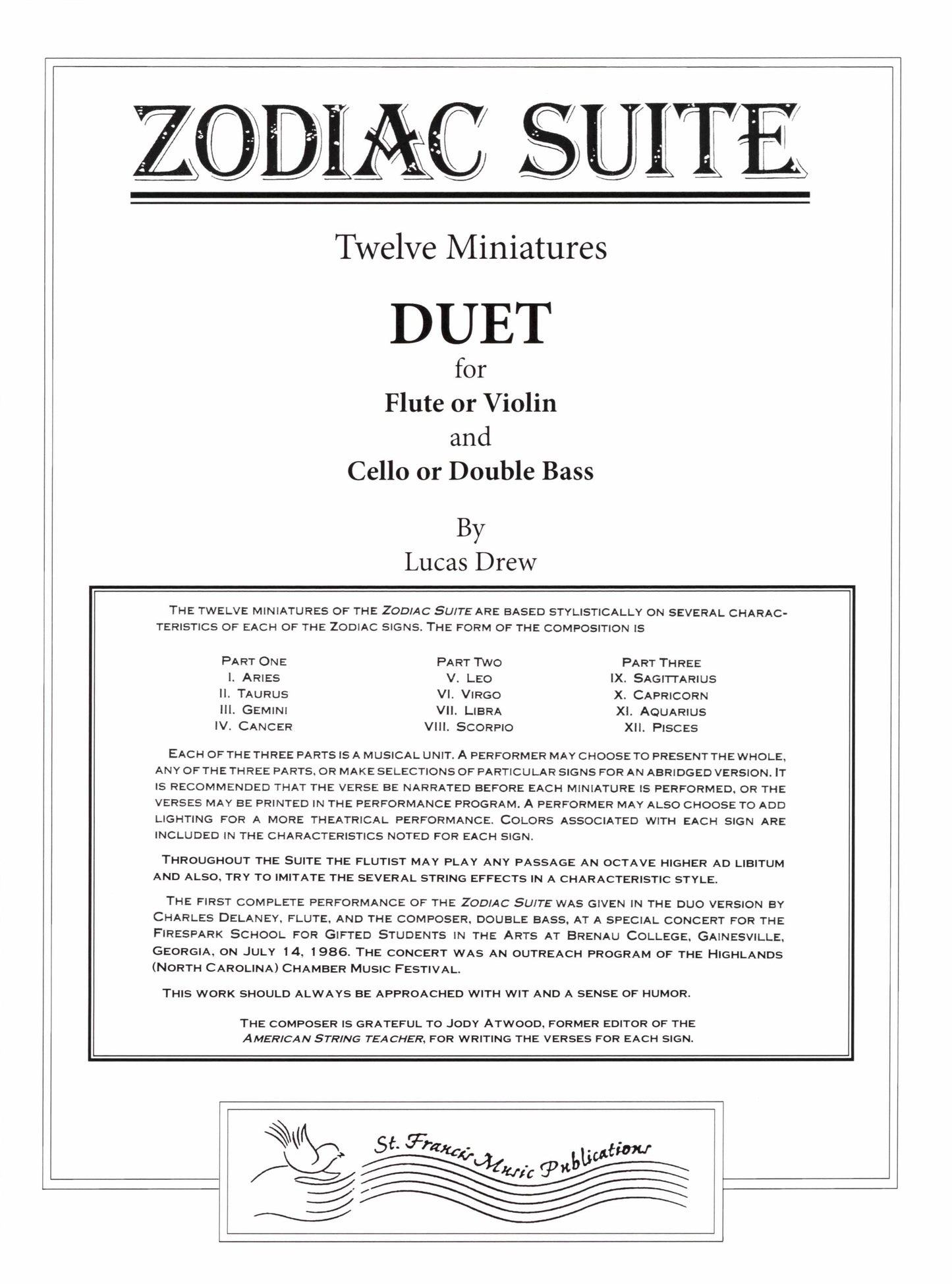 Drew (Lucas) Zodiac Suite: Twelve Miniatures. Duet for Flute or Violin and Cello or Double Bass