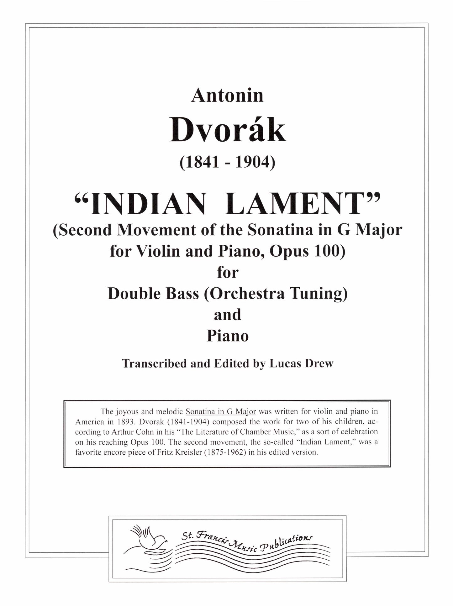 Dvorak Indian Lament. Second Movement of the Sonatina in G Major, Op. 100 for Double Bass & Piano