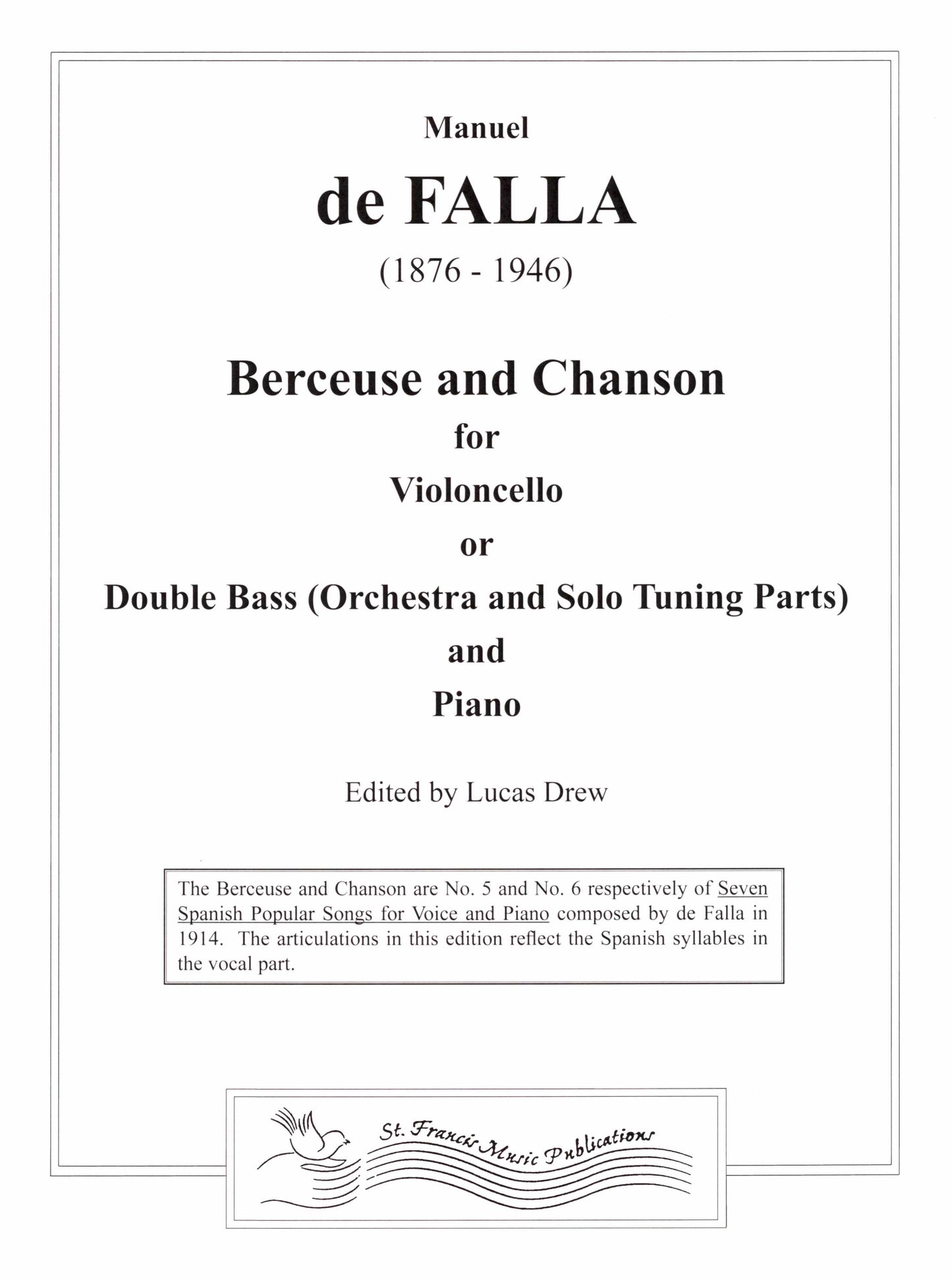 De Falla Berceuse and Chanson for Violoncello or Double Bass & Piano