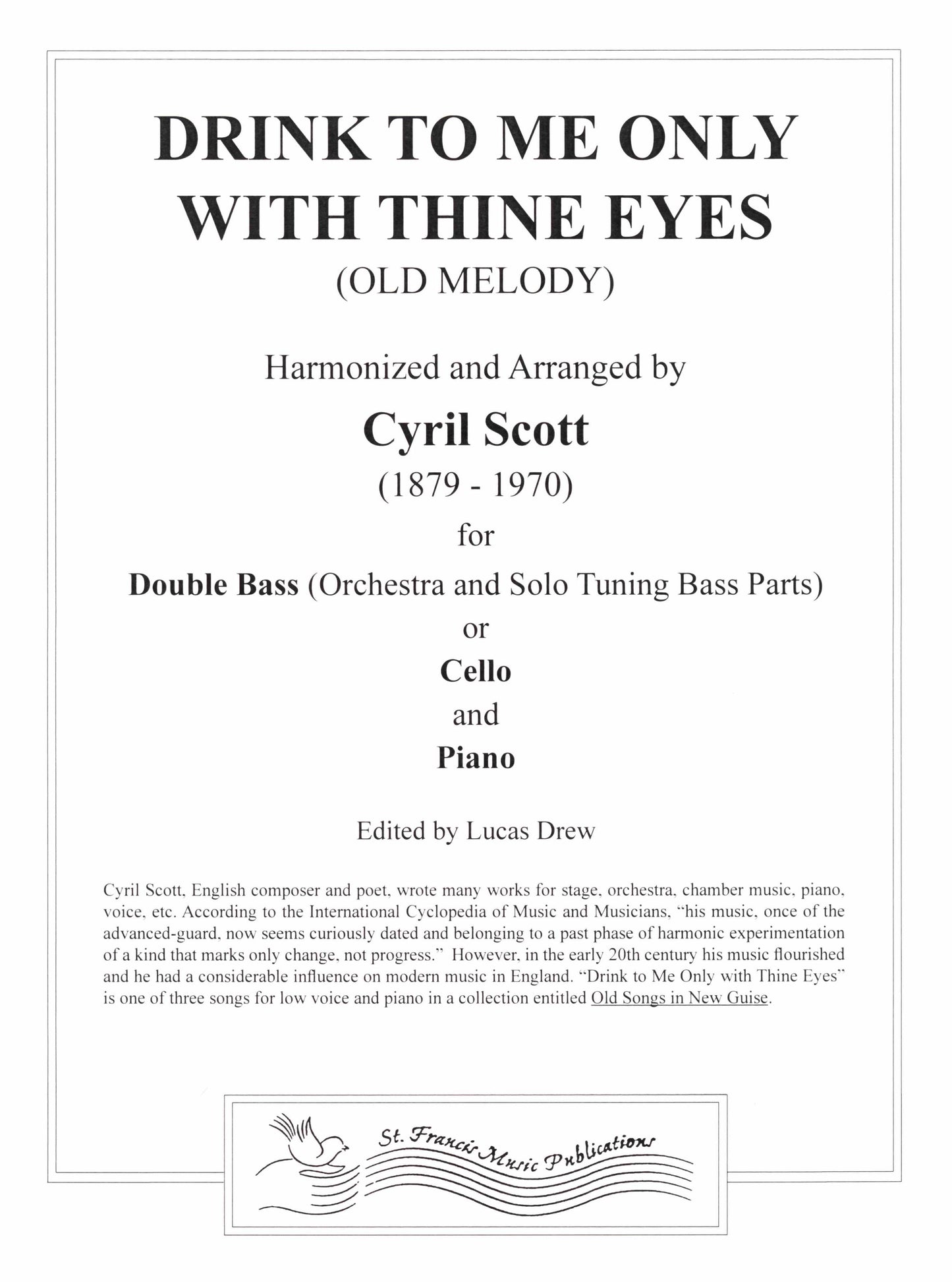 Scott. Drink To Me Only With Thine Eyes For Double Bass & Piano