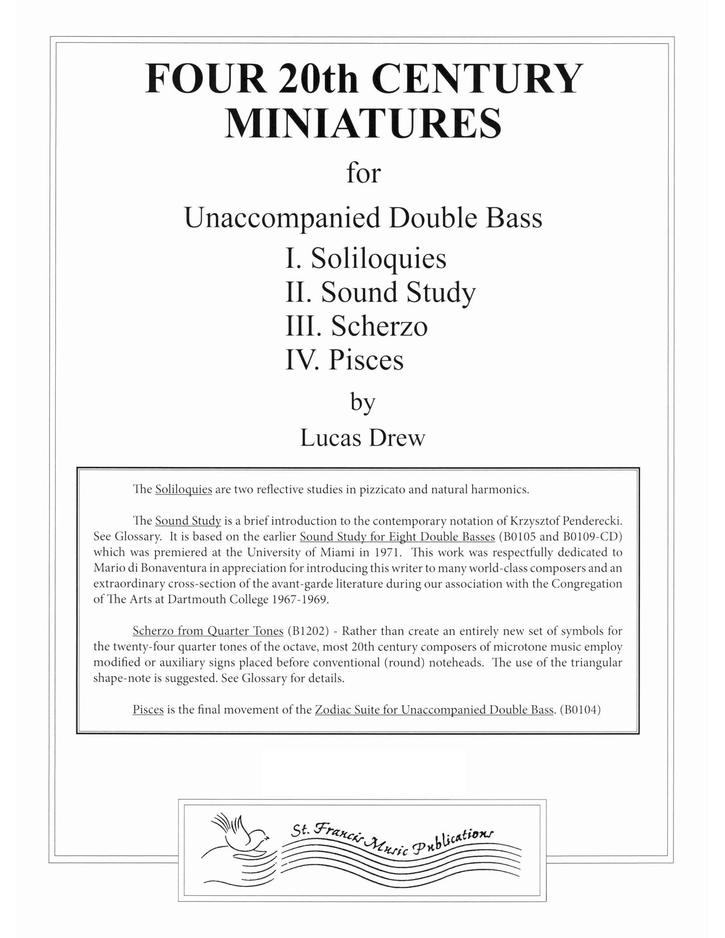 Drew Four 20th Century Miniatures for Unaccompanied Double Bass