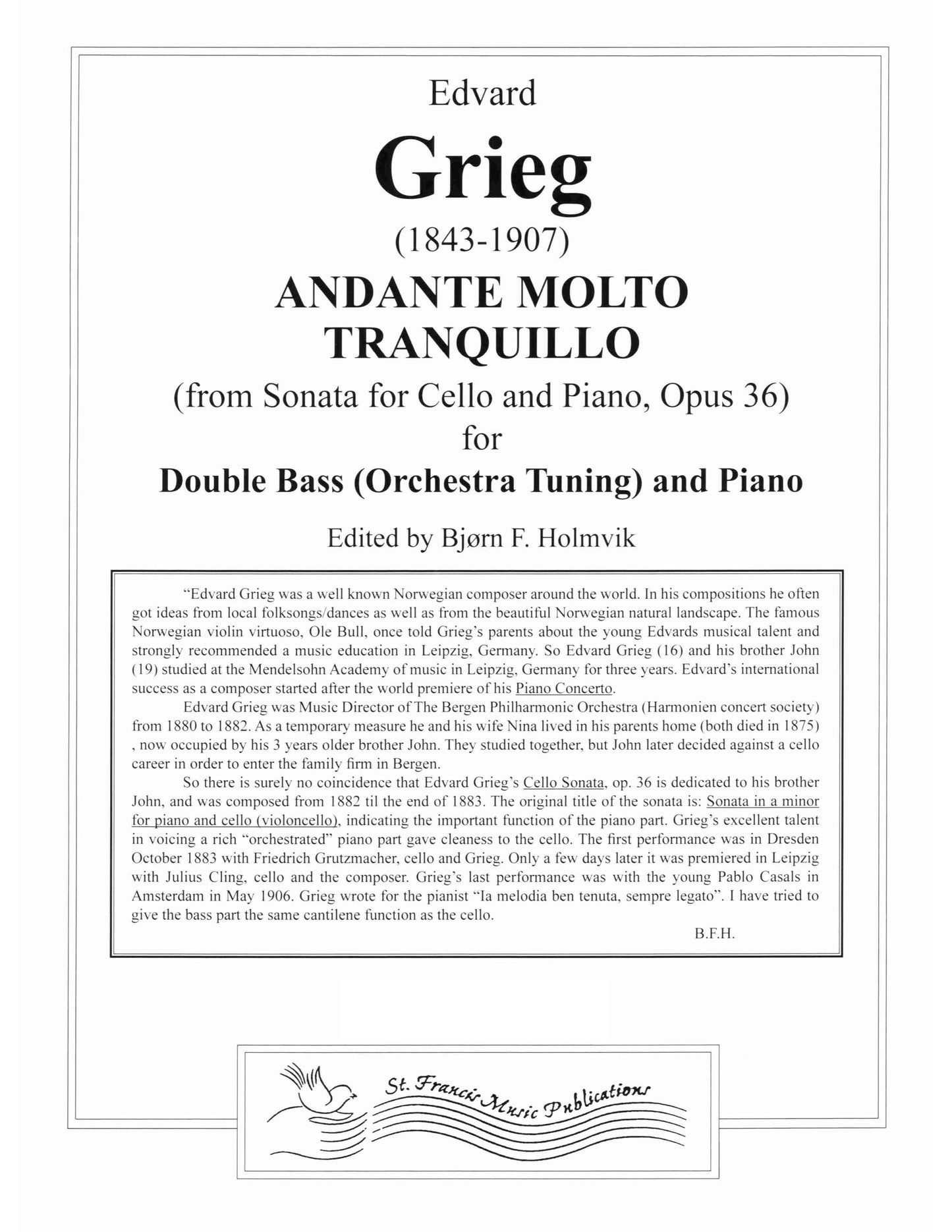 Grieg Andante Molto Tranquillo from Sonata for Cello and Piano, Op. 36 for Double Bass& Piano