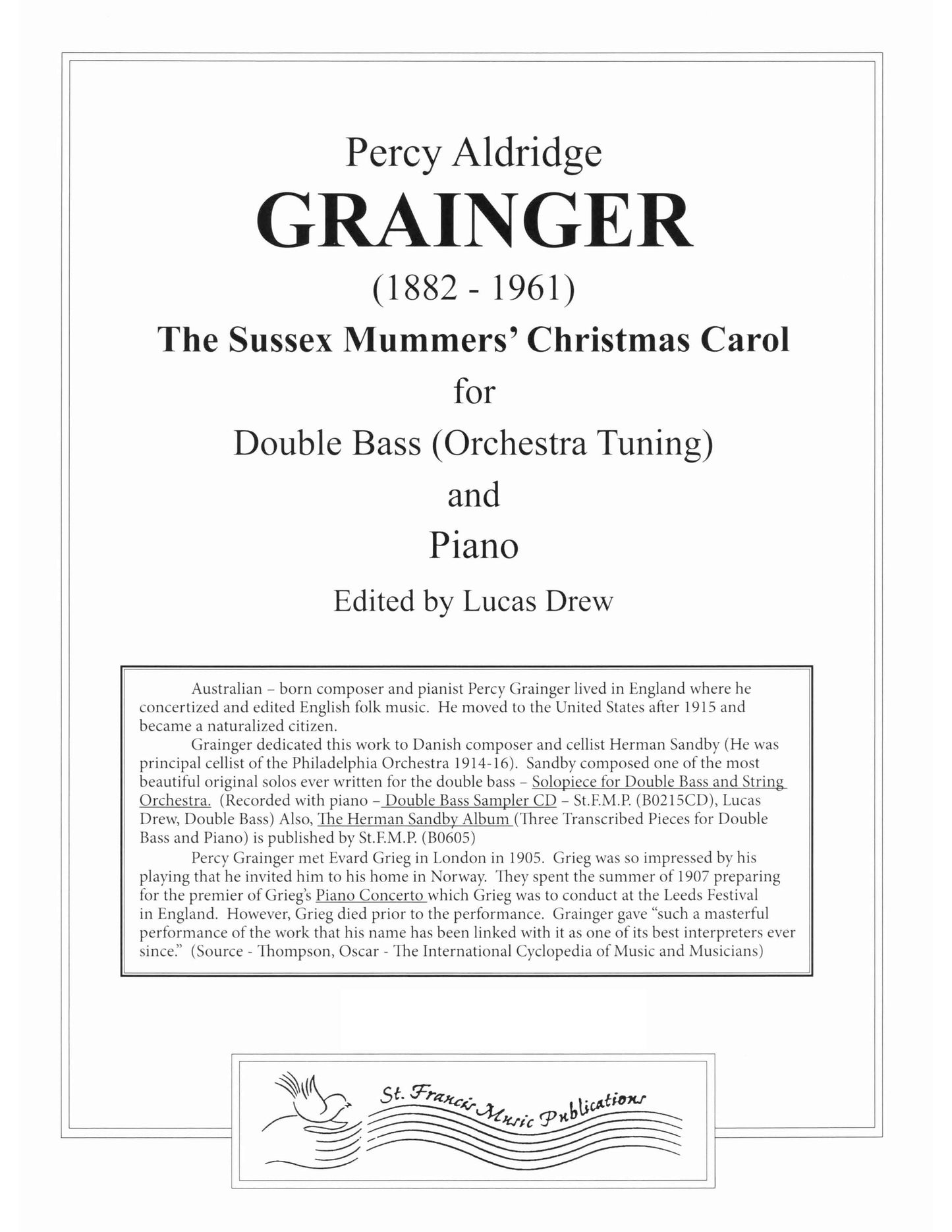 Grainger Sussex Mummers' Christmas Carol for Double Bass & Piano
