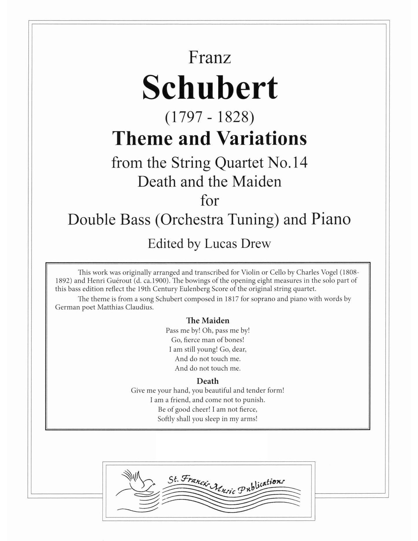 Schubert Theme and Variations from the String Quartet No. 14 "Death and the Maiden" for Double Bass & Piano