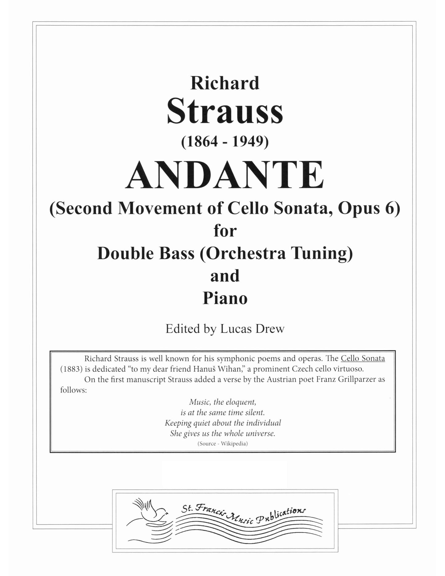 Strauss Andante Second Movement of Cello Sonata Opus 6 for Double Bass & Piano