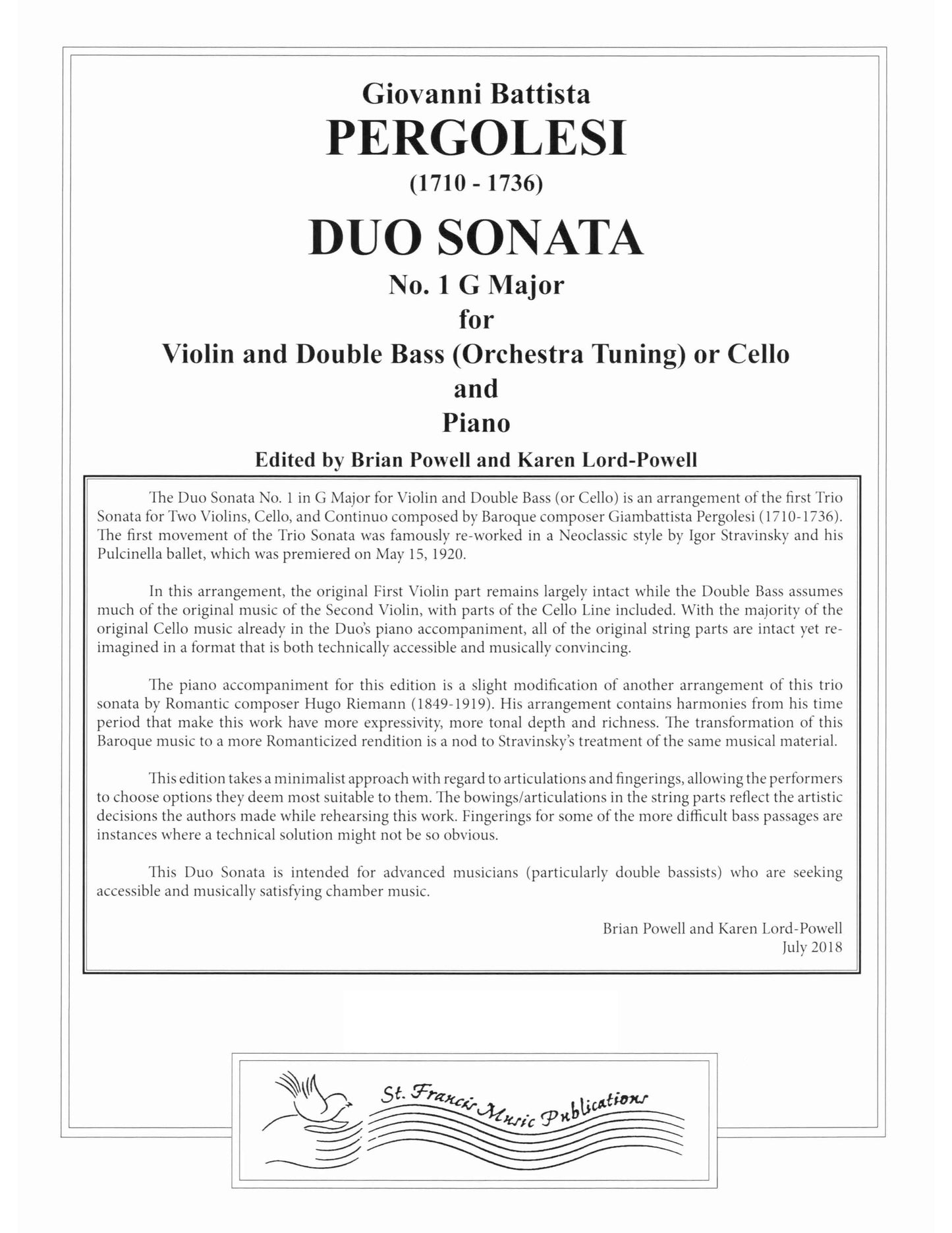 Pergolesi Duo Sonata No. 1 in G Major for Violin and Double Bass & Piano