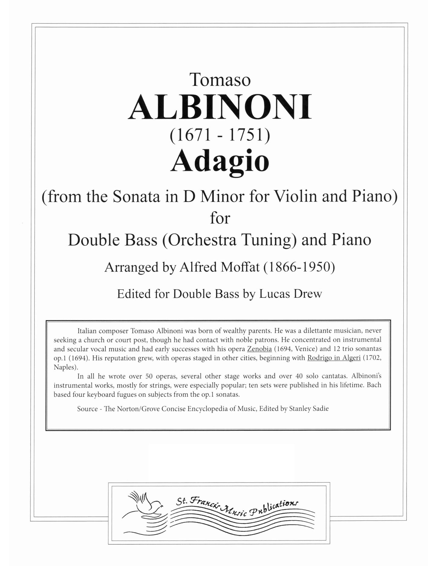 Albinoni Adagio from the Sonata in D Minor for Violin and Piano for Double Bass & Piano