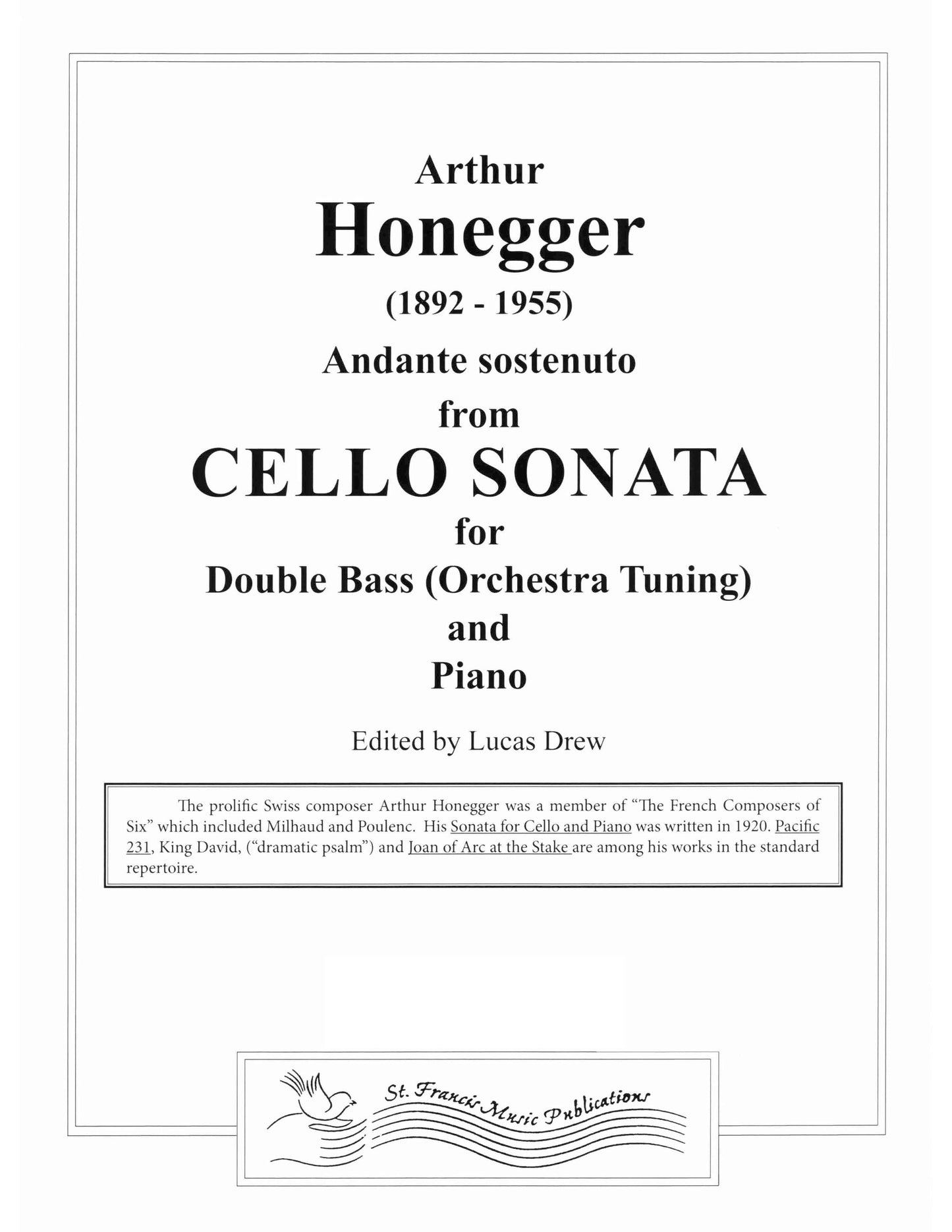 Honegger Andante Sostenuto from Cello Sonata for Double Bass & Piano
